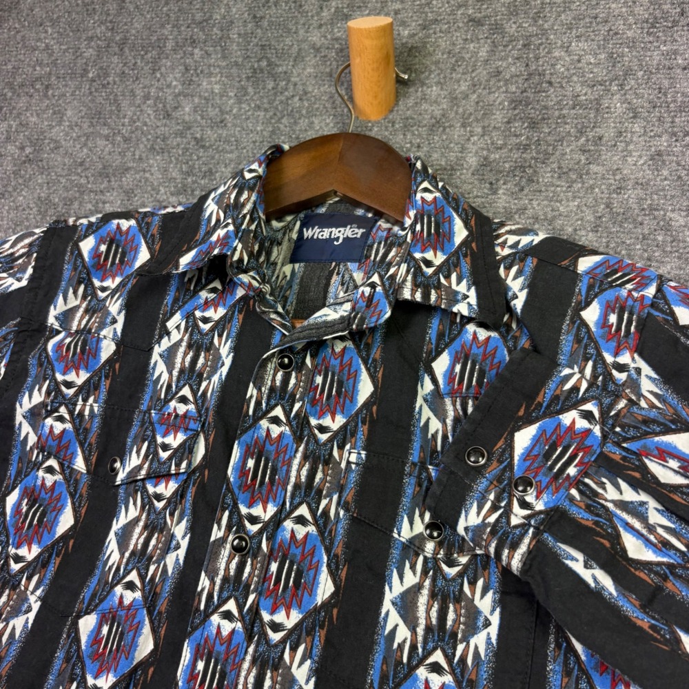 Wrangler Western Snap Shirt Youth Large Black Blue Southwestern Geometric Print